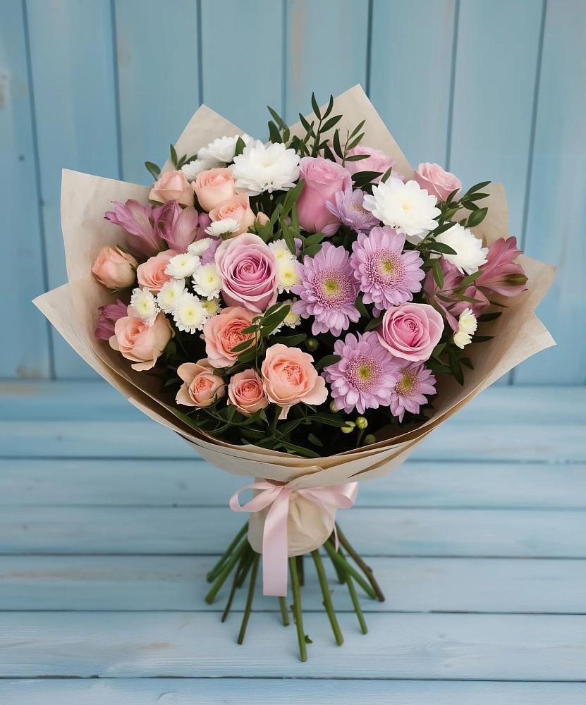 Букет цветов из: Хризантемы, Розы и Альстромерии в Гайны