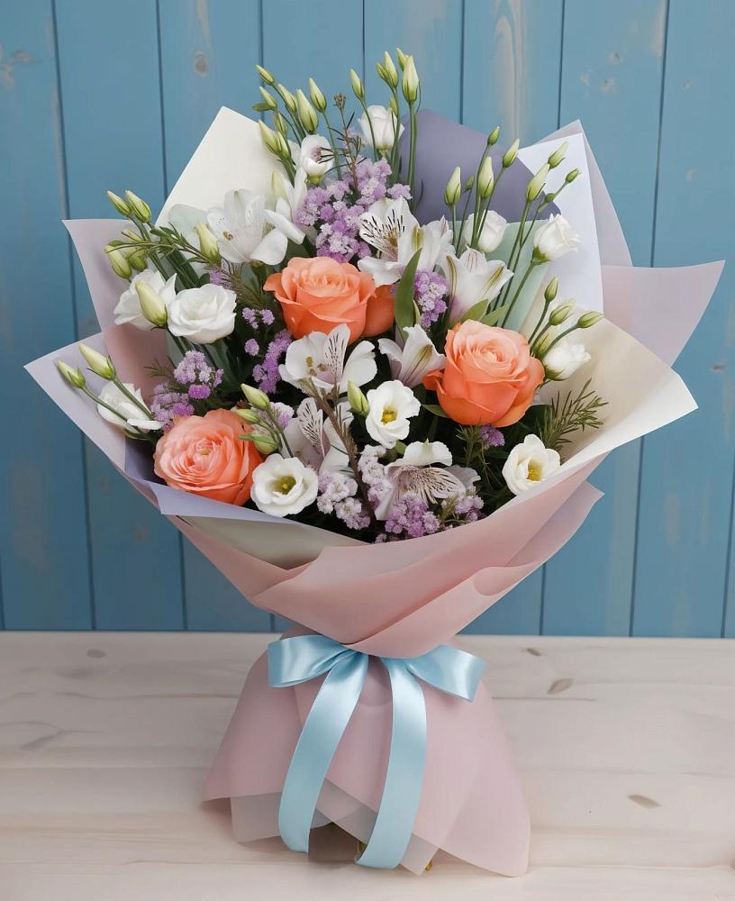 Букет цветов из: Лизиантусы, Розы, Альстромерии и Гипсофила в Гайны