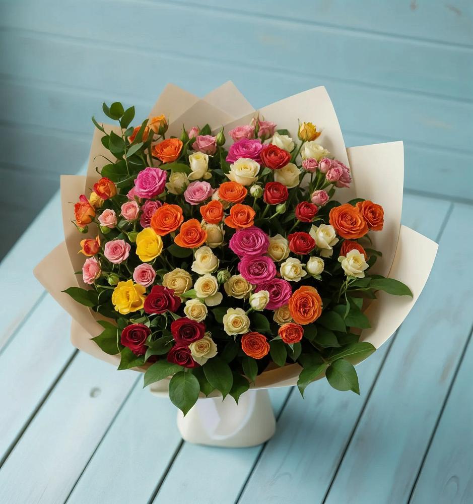 Букет Микс из разноцветных кустовых роз в Гайны