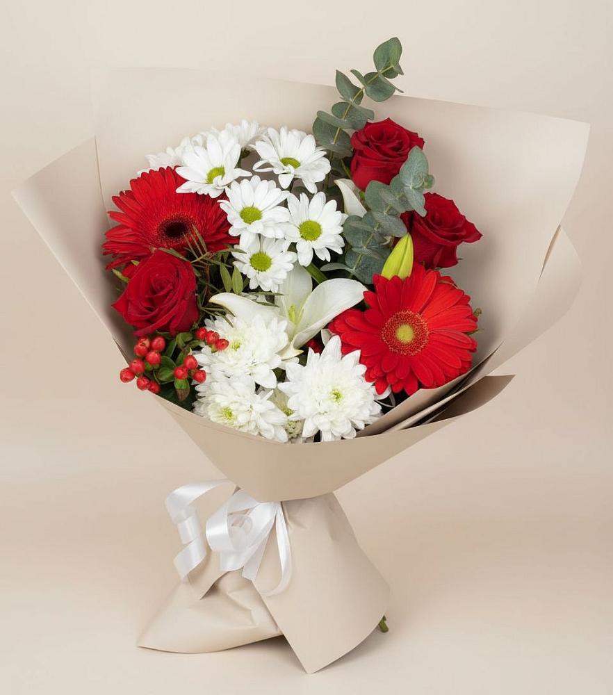 Букет цветов из: Розы, Хризантемы, Герберы и Лилии в Гайны