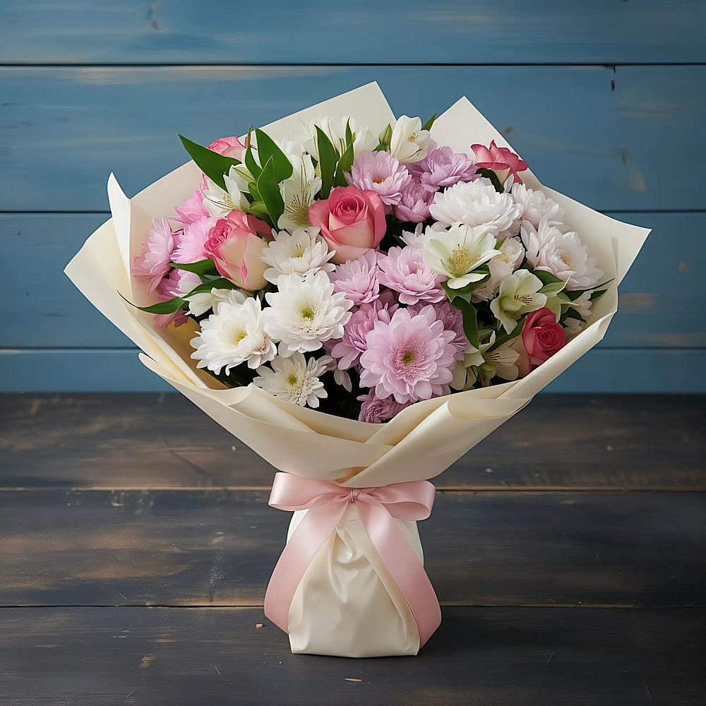 Букет цветов из: Хризантемы, Альстромерии и Розы в Гайны